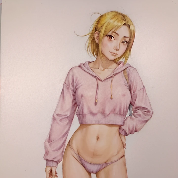 dibujo de una mujer con falda corta y sudadera con capucha, personaje de estilo anime, Boceto coloreado de alta calidad, inspirado por INO, Chica anime, un dibujo animado, lola conejita fanart, personaje animado, inspirado por Leiko Ikemura, marin kitagawa fan art, personaje animado; arte de cuerpo completo, an Chica anime, in the art style of 80s anime