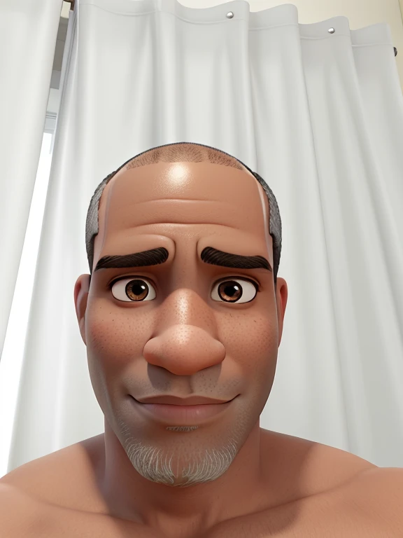 there is a South American man with brown skin, a goatee mixing gray and black, short shaved hair and no shirt, Homem de 4 0 anos, Disney pixar style