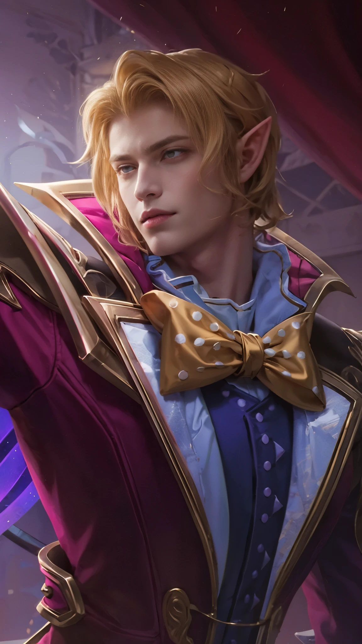 Blonde man, Vampire, Handsome, Edward Cullen, Magician, Elf ears, slightly smile, red eyes, pale white skin, pink coat, yellow ribbon.