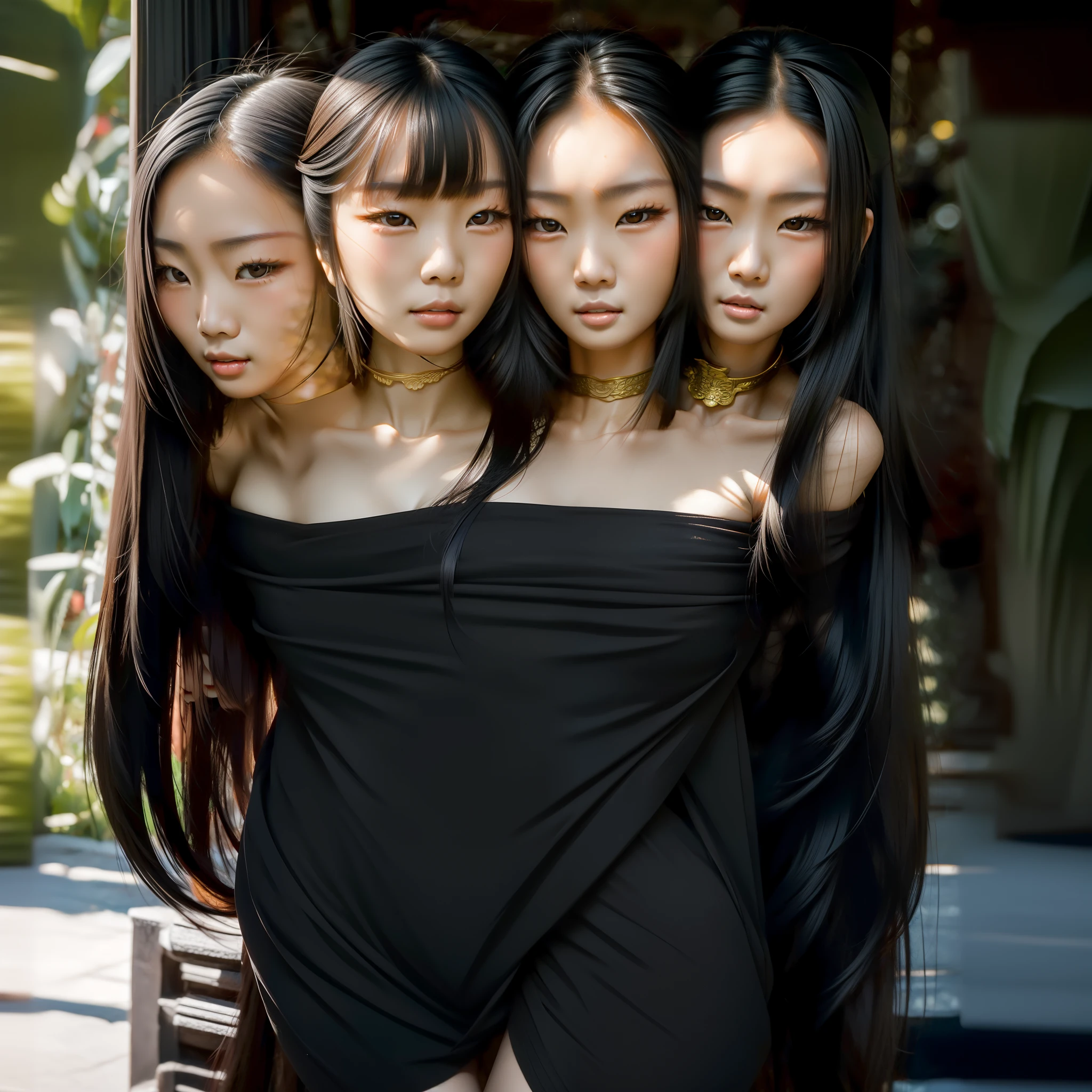 asian woman, black hair, long hair, slender bodies, open eyes, looking at viewer, a woman with two heads standing next to another woman with two heads, bare skin, blonde hair, all women, no man