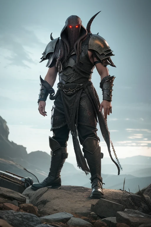 The man wears a full set of Cthulhu-inspired battle armor