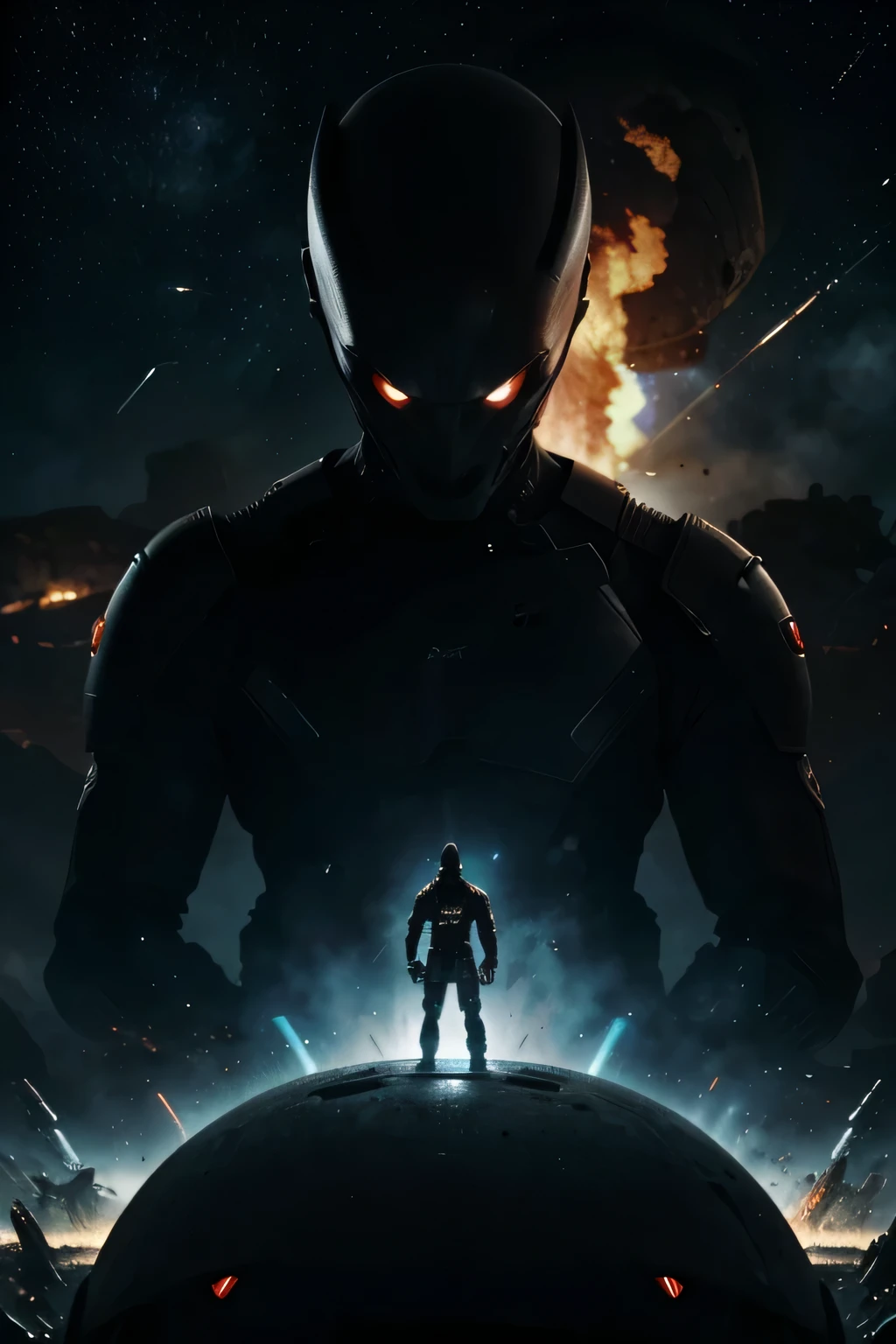 a men alien who looks into the future trought the universe, ((very epic)) , we see his face, ther are alines around, we are in a spaseship that is on fire, he wants to destroy the planets, chaos 80%, and he is with god