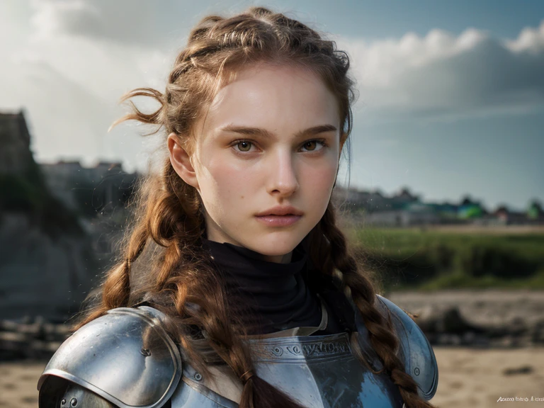 norwegian girl  ,Red-haired ponytail, dusty face, wearing leather armor, against the background of a sandy beach, sword in hands, Wind, photorealism, sharp focus, Realistic facial skin, oppressive atmosphere,View,erotic face、medieval female knight、Beautiful 14 year old Eyes、full body photo、Beautiful girl wearing white sarouel pants、