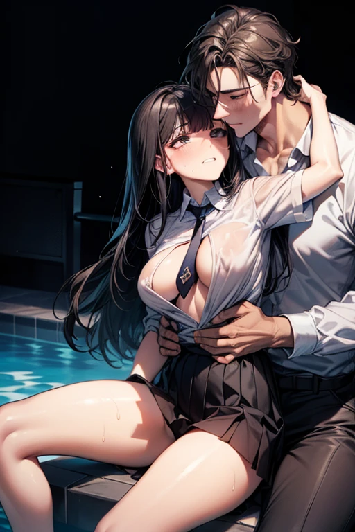 
(a couple having sex) by the pool side, girl, young handsome man hugs her from behind talking in her ear and lifting her, black sexy lingerie,, pubic hair visible, 40k, photo, masterpiece, best quality, dark gray background, (with one girl's immediately open legs), fully open legs with big breasts, an handsome man leaning on her from behind and picking her up and doing different poses. , Blushing, , clenching teeth, , heart pupils, sweaty, whole body wet, black hair, long hair, bending knees, reluctance, watery eyes, big, soaked, small, slender, white shirt, tie, pants visible through short pleated skirt, slouching, hands on hips, closing eyes, reluctance, open shirt, lifting legs