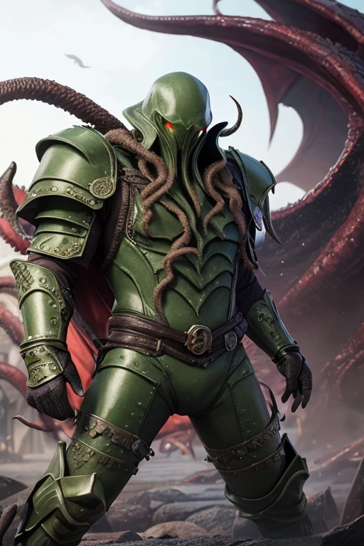 The man wears a full set of Cthulhu-inspired battle armor