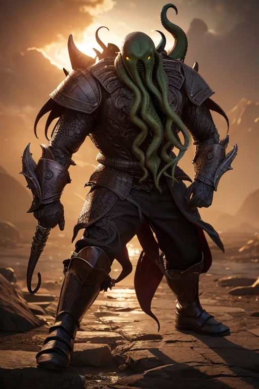 The man wears a full set of Cthulhu-inspired battle armor