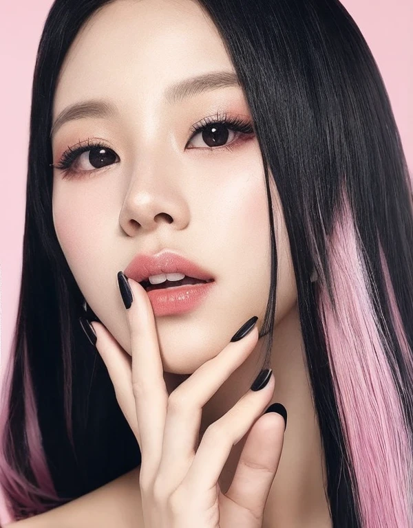 a woman with long black hair and pink hair posing for a picture, black to light pink fade hair, portrait Chaeyoung twice, pink and black, black white pastel pink, with pastel pink highlights, long nails, long fingernails, painted nails, portrait of Chaeyoung of Twice, Chaeyoung from Twice, beauty campaign, two tone hair dye, Chaeyoung from TWICE 