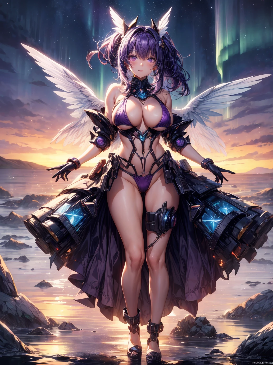 (masterpiece、highest quality, big, very detailedティッカーユニティ、8K、wall , Depth of written boundary, Ultra-fine illustration:1.5)、。.。.3D, very detailed, (Full body Esbian、Mecha micro bikini girl:1.3), sci-fi battlefield, Hawken, shy smile, open your mouth、short ponytail hair, (Deep purple hair, purple eyes:1.2), sparkling eyes, Embarrassingly cute type face, cute type, big breasts, delicate hair, messy hair, she looks up at the aurora borealis across the arctic night sky、shiny hair, shiny skin, (Symmetrical mechanical winetallic colored mechanical wings that are widely expanded to the left and right so that they protrude bigly from the screen, bite, white hair ornament), (particles of light, cinematic lighting: 1.But pink lips: 0.8), by Yusuke Murata.