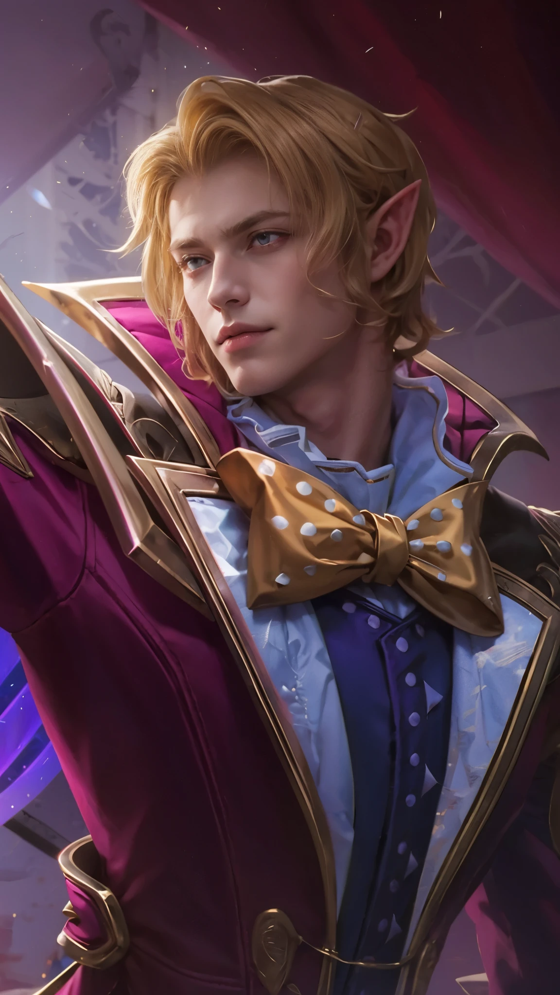 Blonde man, Vampire, Handsome, Edward Cullen, Magician, Elf ears, slightly smile, red eyes, pale white skin, pink coat, yellow ribbon.