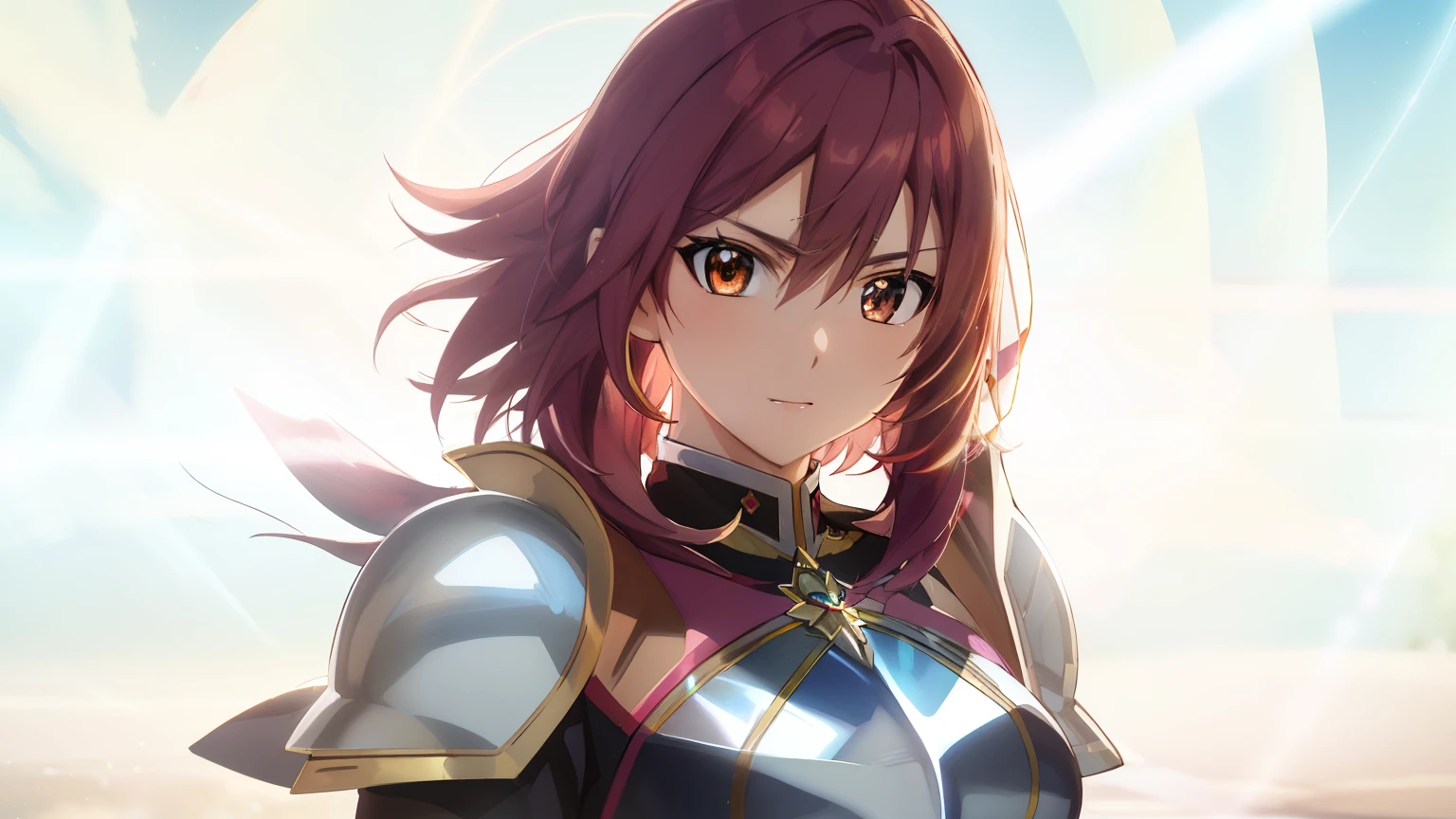 Close-up of a girl in a white leotard costume with a sword, knights of zodiac girl, portrait knights of zodiac girl, red semi-long hair girl, Brown-eyed girl, Muscular girl, feminine and muscular, Shining ruby armor, 魅惑的なprincess night, Dressed in light armor, Leotard Armor Girl, big breasts, with large breasts, Tits, Shiny ruby armor, princess intergalactica, Crystal Ruby Armor, rei hino as a princess, High quality anime art style, Smooth anime CG art, princess night, digital manga art, magical girl anime mahou shojo, Ruby Princess, Ruby reflective armor,