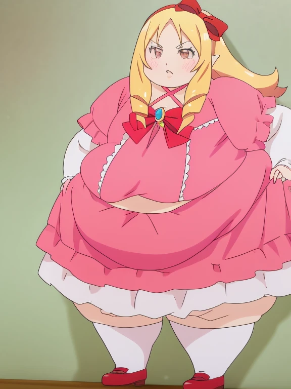 obese yamada elf, dress, obese body, cute, fat belly, fat arms, thick thighs, hairband, long_hair, pink_dress, red_bow, , 8k, masterpiece, absurdres, anime,