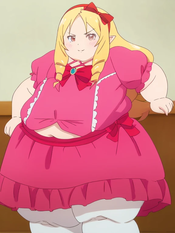 obese yamada elf, dress, obese body, cute, fat belly, fat arms, thick thighs, hairband, long_hair, pink_dress, red_bow, , 8k, masterpiece, absurdres, anime,