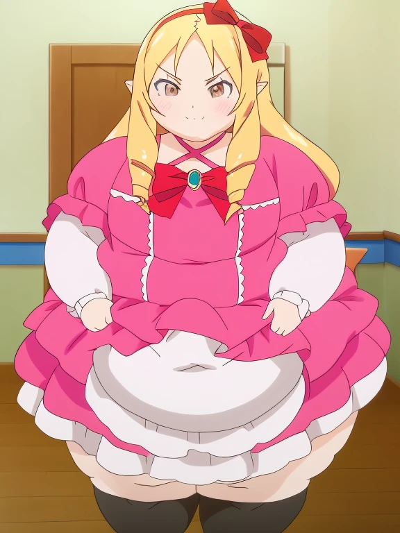obese yamada elf, dress, obese body, cute, fat belly, fat arms, thick thighs, hairband, long_hair, pink_dress, red_bow, , 8k, masterpiece, absurdres, anime,