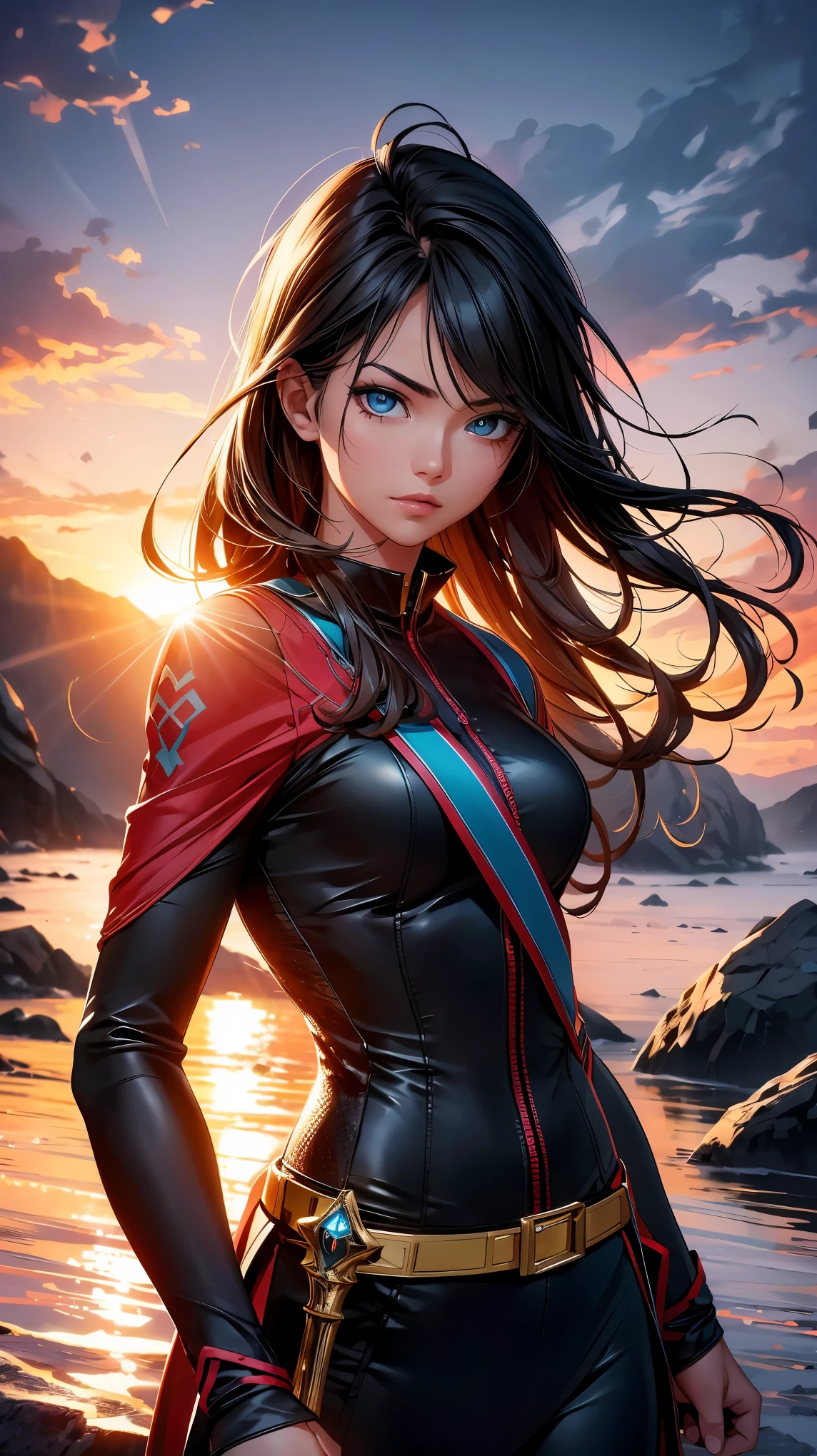 (8K, RAW photo, 最high quality, masterpiece: 1.2), High-definition RAW color photo, Professional photo shoot, cinematic light, alone, Girl wielding a big sword、Chopper knife, Executioner, An illustration、Face and eye details、flowing hair、strong and determined look、Beautiful sunset background、最high quality、Super detailed、real:1.37、Bright colors、dramatic lighting、heroic pose、HDR、sharp focus, staring eyes, beautiful skin, shiny skin, perfect fingers, five fingers, anatomically correct, background bokeh, high quality, surreal, bright colors, ((very detailed, photo shoot)),