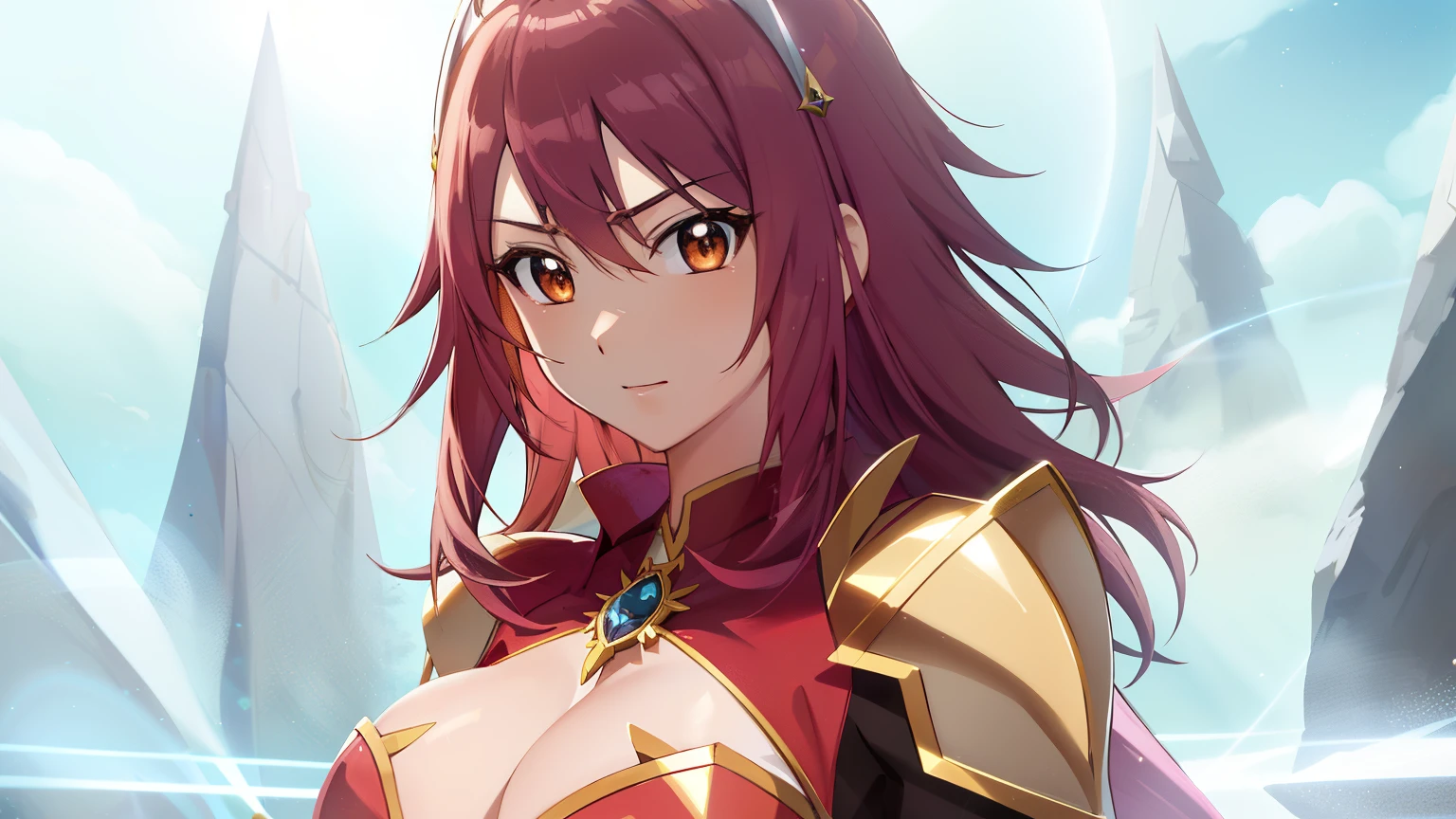 Close-up of a girl in a white leotard costume with a sword, knights of zodiac girl, portrait knights of zodiac girl, red semi-long hair girl, Brown-eyed girl, Muscular girl, feminine and muscular, Shining ruby armor, 魅惑的なprincess night, Dressed in light armor, Leotard Armor Girl, big breasts, with large breasts, Tits, Shiny ruby armor, princess intergalactica, Crystal Ruby Armor, rei hino as a princess, High quality anime art style, Smooth anime CG art, princess night, digital manga art, magical girl anime mahou shojo, Ruby Princess, Ruby reflective armor,