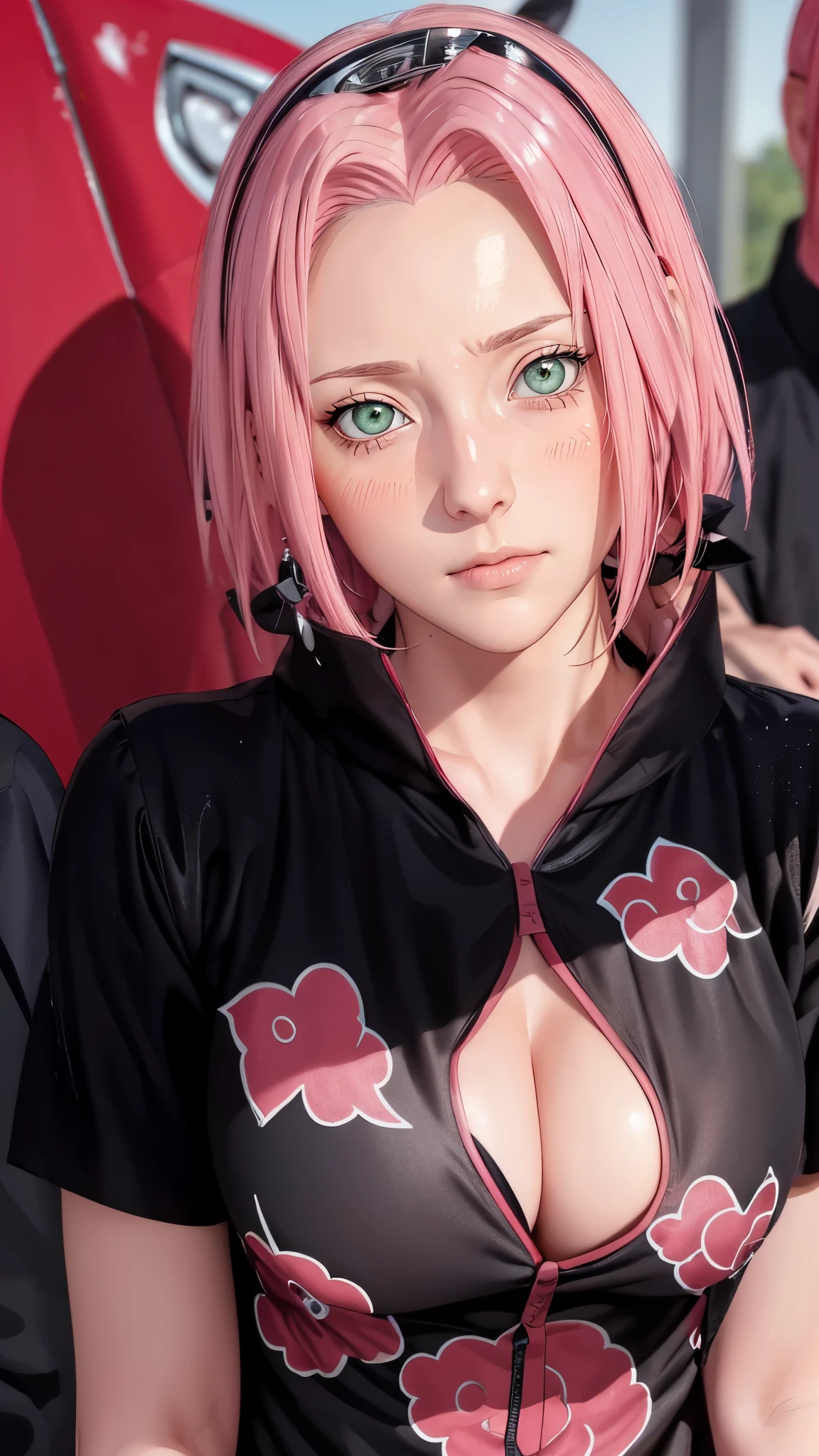 （（（short hair，pink hair，（（（danya，Sakura,green eyes,bangs,forehead protector, shinobi symbol, ）））））），((masterpiece)),high resolution, ((Best quality at best))，masterpiece，quality，Best quality，（（（ Exquisite facial features，looking at the audience,There is light in the eyes，Show forehead，confidence，shy，blush）））