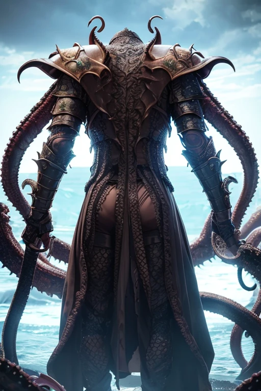 The man wears a full set of Cthulhu inspired battle armor with tentacles coming out of his back