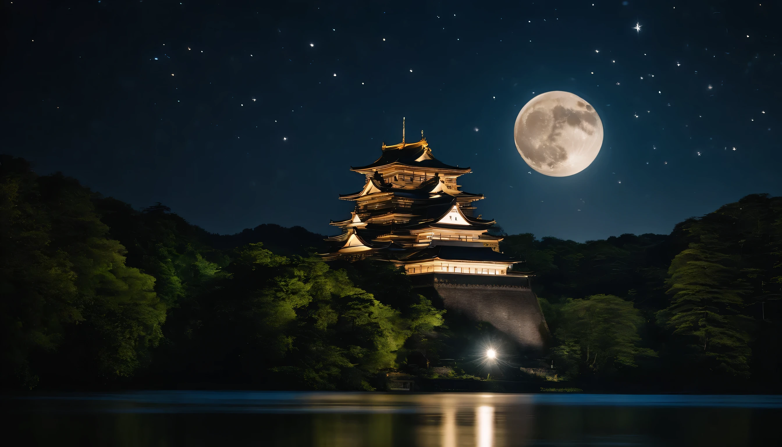 a landscape of beautiful night with shining stars, with the full moon, see forest and river infront of large japanese castle with intricate design, beauty view, professional shot, light and shadow contrast, high detail, 8k, kodak film