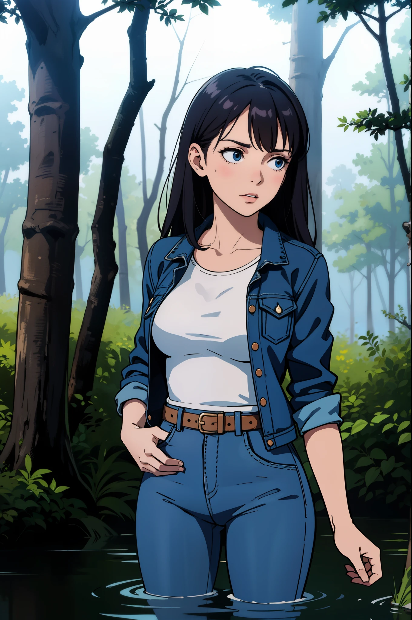 masterpiece, realistic, regular woman in jeans and t-shirt and worn out denim jacket, drowning in forest bog,
