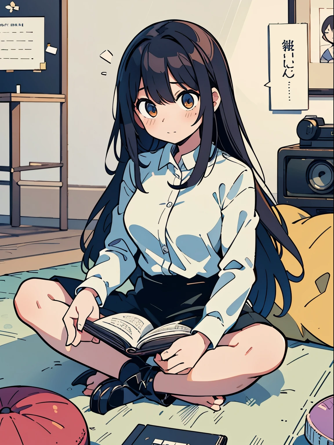 A relaxed scene at home with a female office worker (OL) enjoying her leisure time. She is comfortably seated on a Yogibo bean bag, reading a book, and listening to an analog record. Capture the tranquility of her home environment, emphasizing the details of the Yogibo, the book, and the record player. Convey a sense of relaxation and personal enjoyment during this quiet moment. Generate a high-quality image that encapsulates the essence of a woman finding solace and leisure at home, surrounded by elements of comfort, literature, and analog entertainment.