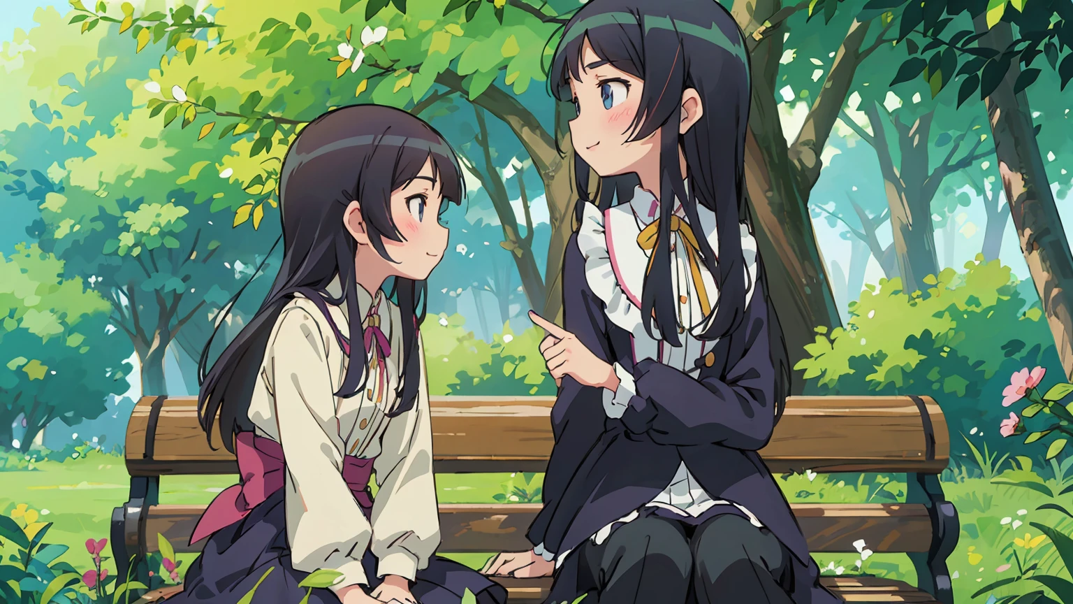 beautiful detailed eyes, beautiful detailed lips, long black hair, feminine outfits, sitting on a bench in a park, surrounded by blooming flowers, warm sunlight shining through the trees, soft facial expressions, gentle smiles, lively and cheerful atmosphere, vibrant colors, delicate skin texture, intricate lace details on their dresses, cute poses, a book in Kousaka Kirino's hand, elegant and graceful movements, a sense of sisterly love and friendship between Kousaka Kirino and Gokou Ruri (Kuroneko), a sense of youthful energy and excitement, a touch of nostalgia and innocence, a peaceful and serene background, subtle hints of the otaku culture and anime influence, an air of mystery and intrigue, a perfect balance between realism and fantasy, a timeless and captivating scene.