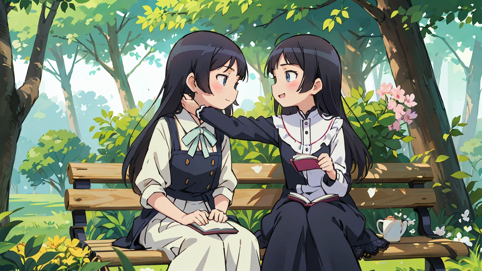 beautiful detailed eyes, beautiful detailed lips, long black hair, feminine outfits, sitting on a bench in a park, surrounded by blooming flowers, warm sunlight shining through the trees, soft facial expressions, gentle smiles, lively and cheerful atmosphere, vibrant colors, delicate skin texture, intricate lace details on their dresses, cute poses, a book in Kousaka Kirino's hand, elegant and graceful movements, a sense of sisterly love and friendship between Kousaka Kirino and Gokou Ruri (Kuroneko), a sense of youthful energy and excitement, a touch of nostalgia and innocence, a peaceful and serene background, subtle hints of the otaku culture and anime influence, an air of mystery and intrigue, a perfect balance between realism and fantasy, a timeless and captivating scene.