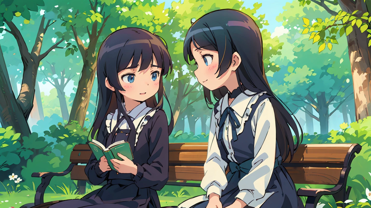 beautiful detailed eyes, beautiful detailed lips, long black hair, feminine outfits, sitting on a bench in a park, surrounded by blooming flowers, warm sunlight shining through the trees, soft facial expressions, gentle smiles, lively and cheerful atmosphere, vibrant colors, delicate skin texture, intricate lace details on their dresses, cute poses, a book in Kousaka Kirino's hand, elegant and graceful movements, a sense of sisterly love and friendship between Kousaka Kirino and Gokou Ruri (Kuroneko), a sense of youthful energy and excitement, a touch of nostalgia and innocence, a peaceful and serene background, subtle hints of the otaku culture and anime influence, an air of mystery and intrigue, a perfect balance between realism and fantasy, a timeless and captivating scene.