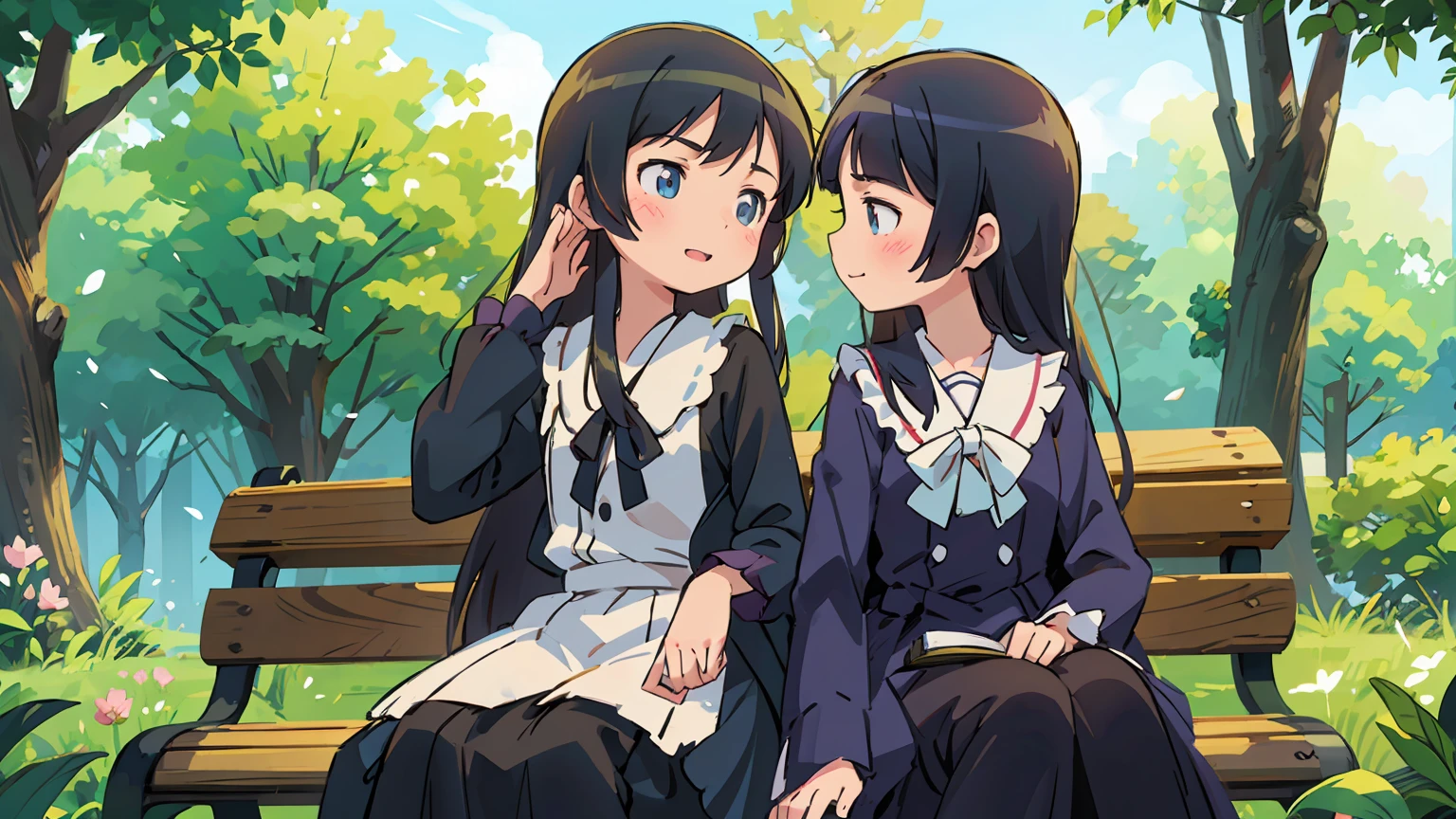 beautiful detailed eyes, beautiful detailed lips, long black hair, feminine outfits, sitting on a bench in a park, surrounded by blooming flowers, warm sunlight shining through the trees, soft facial expressions, gentle smiles, lively and cheerful atmosphere, vibrant colors, delicate skin texture, intricate lace details on their dresses, cute poses, a book in Kousaka Kirino's hand, elegant and graceful movements, a sense of sisterly love and friendship between Kousaka Kirino and Gokou Ruri (Kuroneko), a sense of youthful energy and excitement, a touch of nostalgia and innocence, a peaceful and serene background, subtle hints of the otaku culture and anime influence, an air of mystery and intrigue, a perfect balance between realism and fantasy, a timeless and captivating scene.