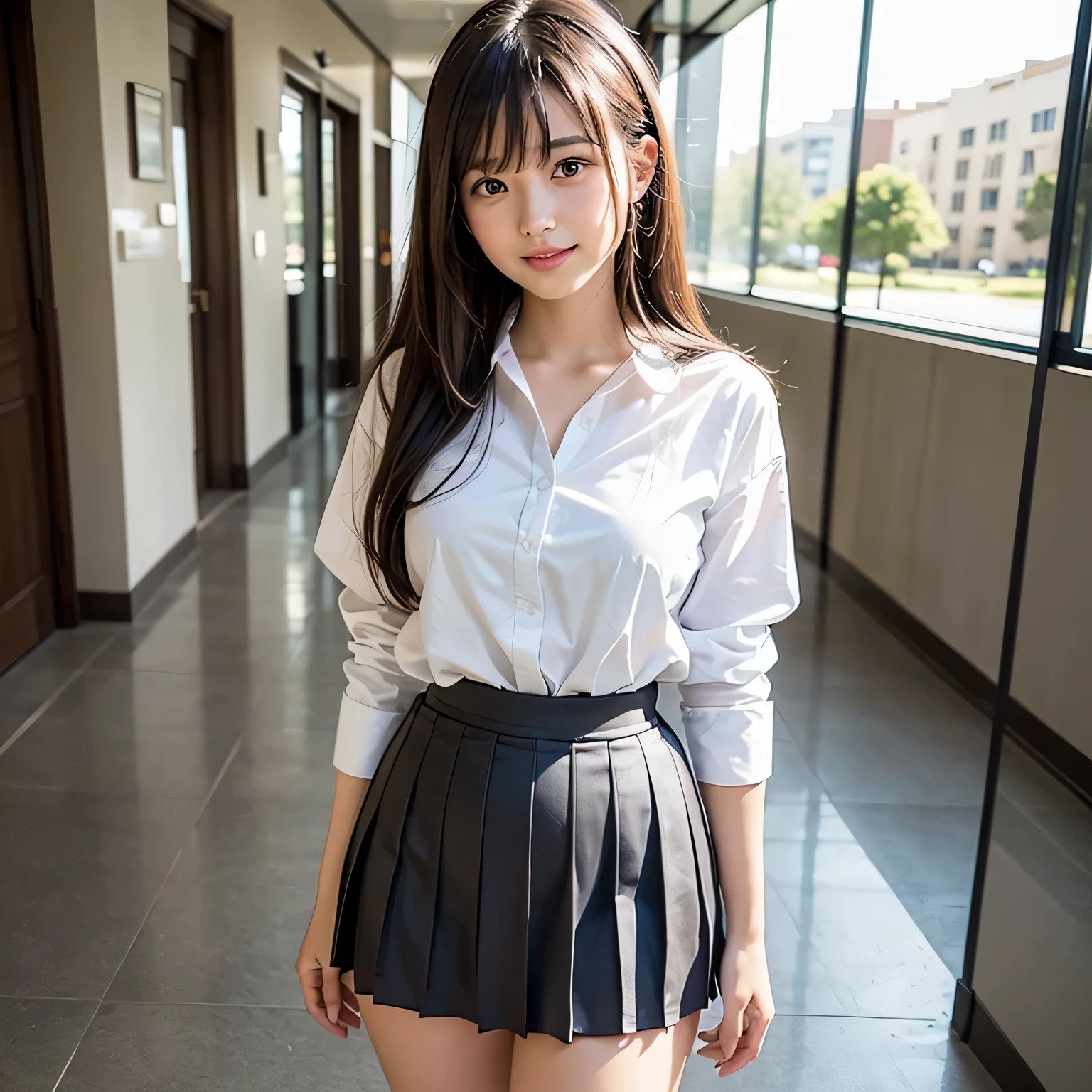8K, highest quality, real image, intricate details, Super detailed, ultra high resolution, depth field,(realistic,realistic:1.2), 1 girl, very beautiful girl, (small breasts:1.2), Big eyes,、beautiful breasts:1.5、highly detailed eyes:1.2)、(beautiful breasts:1.1)、 (Plain white Y-shirt, dark gray short pleated skirt, white socks), short skirt、straight hair, (light brown hair), medium long hair, bangs, perfect skin, Fair skin, (huge hips, thick thighs, thick legs), tight waist, light blush, alone, big smile, school hallway