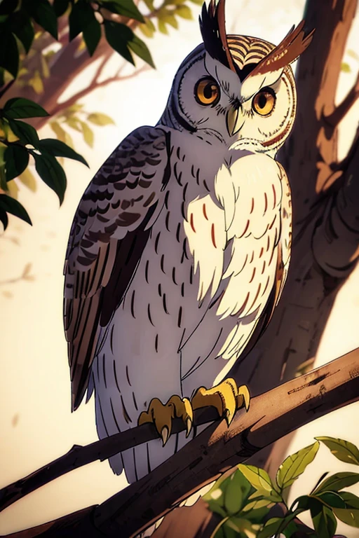A white-faced northern scops owl with brown eyes, sitting on a branch, in a mappa art style. Vivid colors bring out the details of the owl's feathers and the surrounding environment. The image is of high resolution, with realistic rendering that captures the intricate textures of the owl's plumage. The lighting highlights the owl's features, casting soft shadows on the branch.