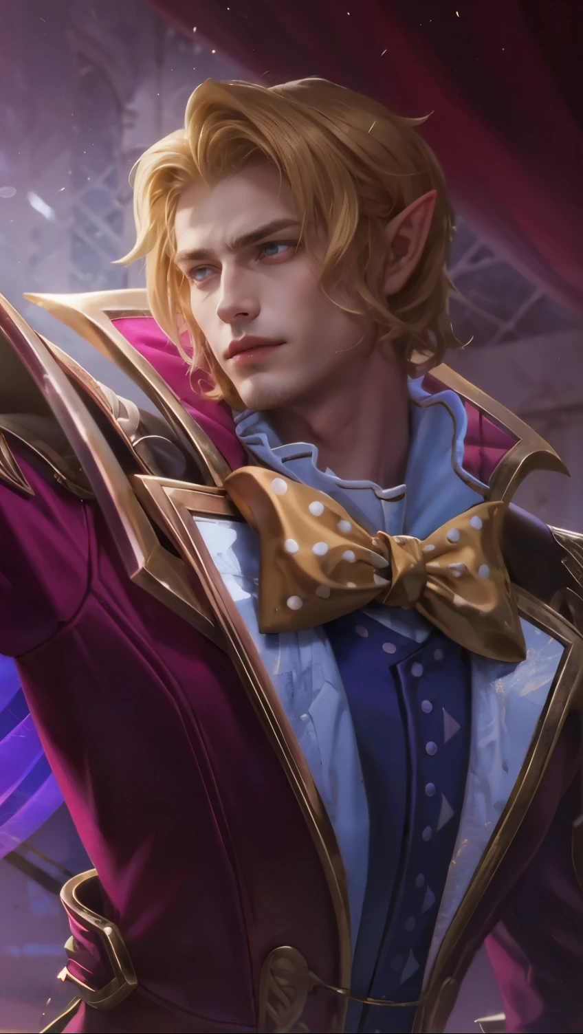 Blonde man, Vampire, Handsome, Edward Cullen, Magician, Elf ears, slightly smile, red eyes, pale white skin, pink coat, yellow ribbon.