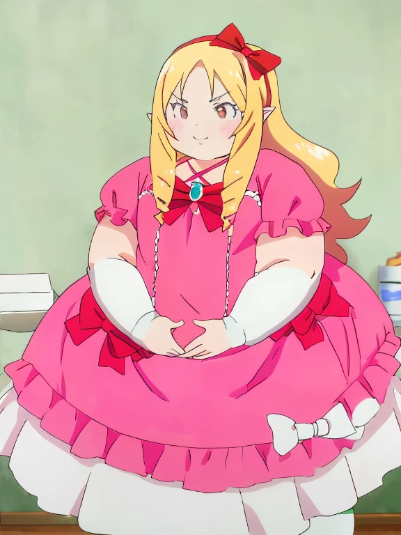obese yamada elf, dress, obese body, cute, fat belly, fat arms, thick thighs, hairband, long_hair, pink_dress, red_bow, , 8k, masterpiece, absurdres, anime,