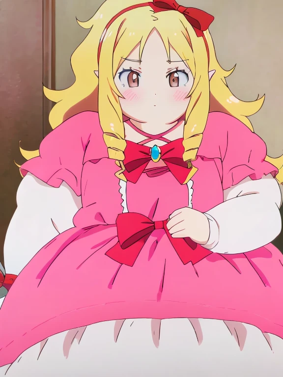 obese yamada elf, dress, obese body, cute, fat belly, fat arms, thick thighs, hairband, long_hair, pink_dress, red_bow, , 8k, masterpiece, absurdres, anime,