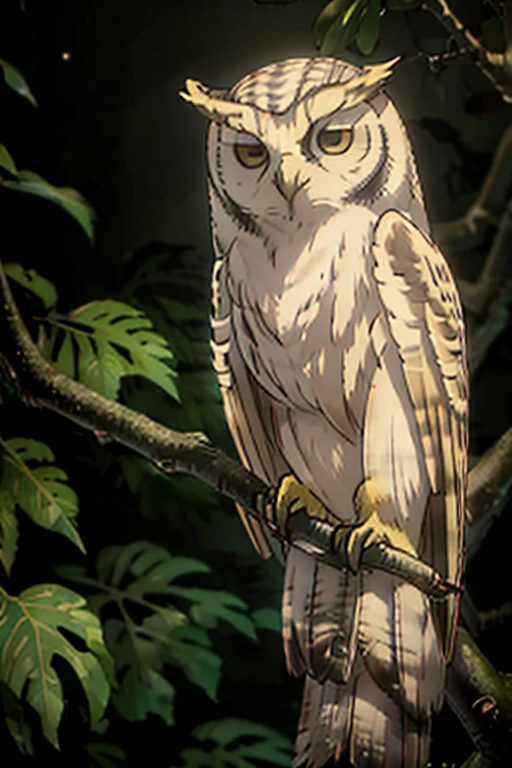 A white-faced northern scops owl with brown eyes, sitting on a branch, in a mappa art style. Vivid colors bring out the details of the owl's feathers and the surrounding environment. The image is of high resolution, with realistic rendering that captures the intricate textures of the owl's plumage. The lighting highlights the owl's features, casting soft shadows on the branch.