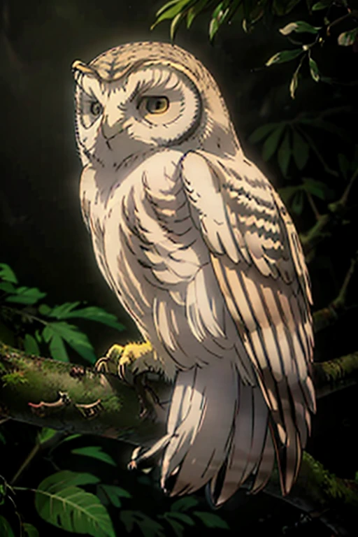 A white-faced northern scops owl with brown eyes, sitting on a branch, in a mappa art style. Vivid colors bring out the details of the owl's feathers and the surrounding environment. The image is of high resolution, with realistic rendering that captures the intricate textures of the owl's plumage. The lighting highlights the owl's features, casting soft shadows on the branch.