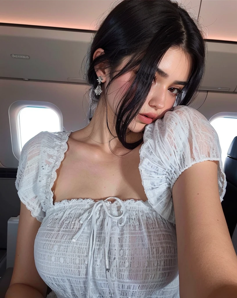 Arafed woman in a white dress sitting on a plane., Kylie Jenner, cerveza madison, mangas abullonadas, Dua Lipa, Kendall Jenner, usando un lindo top, ella teta, soft devil queen cerveza madison, Selena Gomez, violeta myers, hermosa dama, Traje blanco hinchado, vestido y rostro detallados, usando un vestido de verano, Apariencia guay, :: cerveza madison