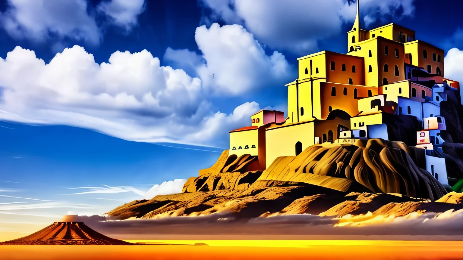 A giant statue swallowing a church. Salvador Dali style surrealist illustration