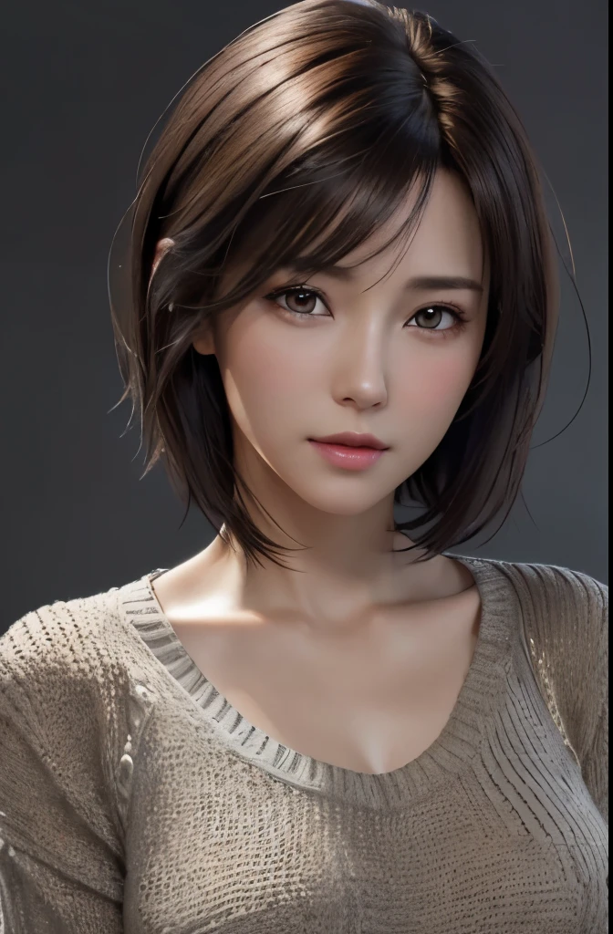 (Representative Works: 1.3), (8k, photorealistic, raw photos, Highest image quality: 1.4), (30 years old mature woman),small face, beautiful face, (realistic face),no makeup、natural makeup、light makeup、 (Dark brown, short hair: 1.3), beautiful hairstyle, realistic eyes, beautiful detailed eyes, (Photorealistic skin), beautiful skin, (sweater),small chest、Bust B Cup、 disorganized, Charm, 超High definition, Super realistic, High definition, golden ratio, FF Tifa、Gray background、