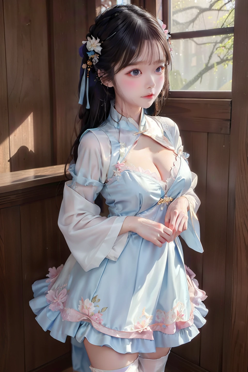 small  ，,princess 10 yeald old cute, Master picture quality, Highest quality, Best picture quality, Exaggerated details, The expression is shy,a close up of a , Super beautiful,Long hair, Very exaggerated and compact, Round breasts , Pose in front of the camera, ,, Wet-breasted Hanfu open V-chested clothes pink, All pictures, Wet body of thin silk fabric, Thin silk lace petticoat, (huge ，cleavage), petticoat, white pink, blue, high slim waist,  details