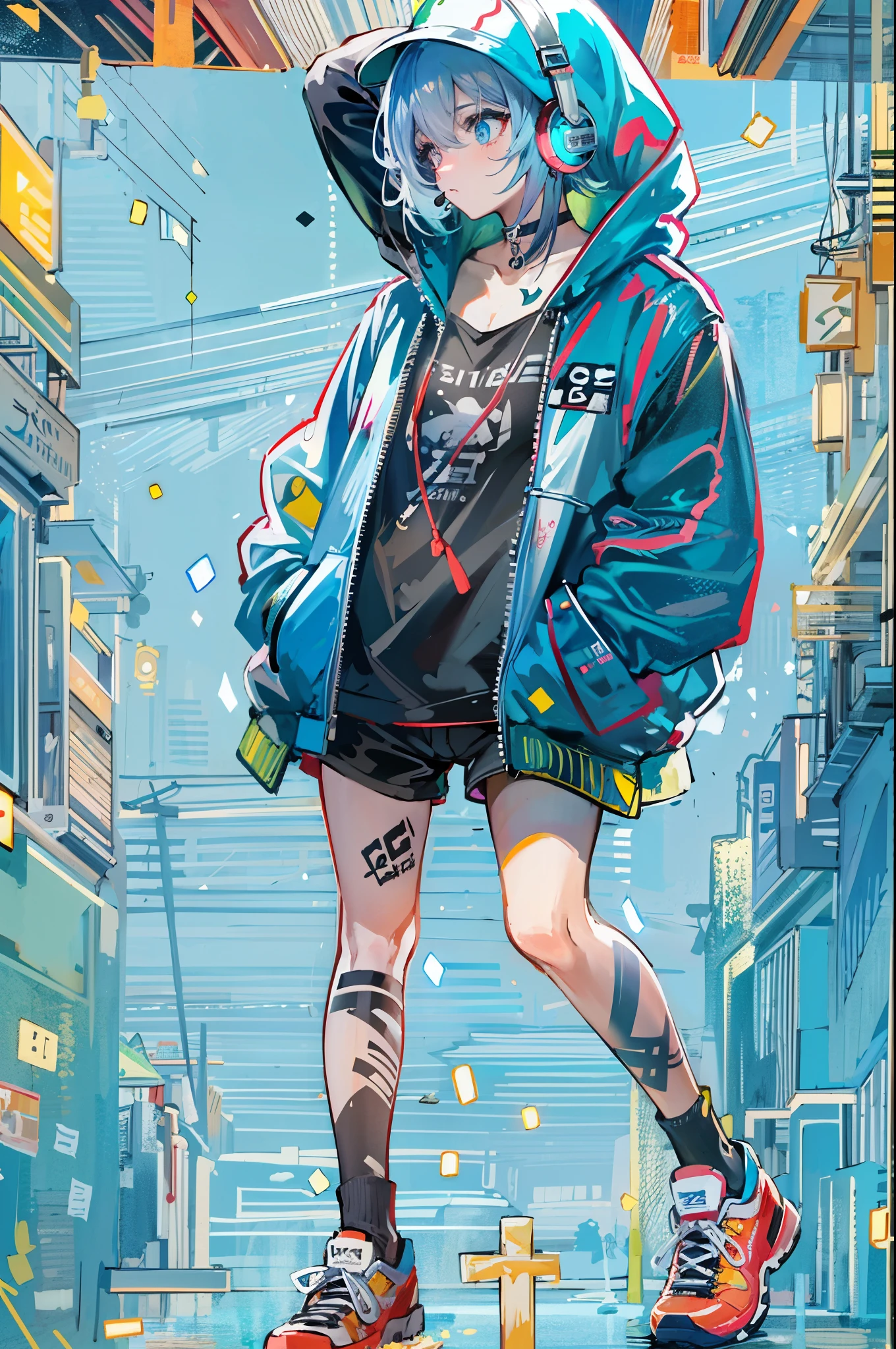 ((8K resolution))、((highest quality))、((masterpiece))、((super detailed))、1 female、solo、incredibly absurd、oversized hoodie、headphones、rain、neon、short cut hair、bright colored eyes、put one's hand in one's pocket、shorts、water dripping, cool blue open short jacket, tattoo, Messy Fade Cut Hair,quirky sneakers,Eyeshadow on the eyes,unusual colored eyes, Vivid eyes,