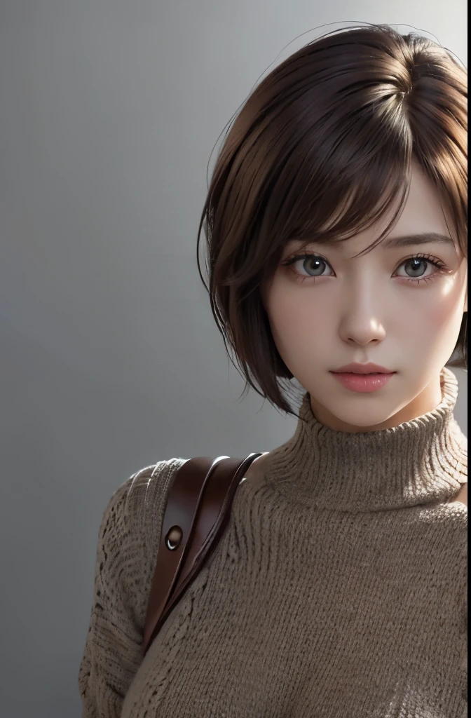 (Representative works:1.3)、(8k、photorealistic、Raw photo、Highest image quality:1.4)、(30 years old mature woman)、small face、beautiful face、(realistic face)、no makeup、natural makeup、light makeup、 (Dark brown、short hair:1.3)、beautiful hairstyle、realistic eyes、beautiful detailed eyes、 (photorealisticな肌)、beautiful skin、 (sweater)、small breasts、Bust B Cup、 Disorganized、 charm、超High definition、Super realistic、 High definition、golden ratio、FF Tifa、Gray background、