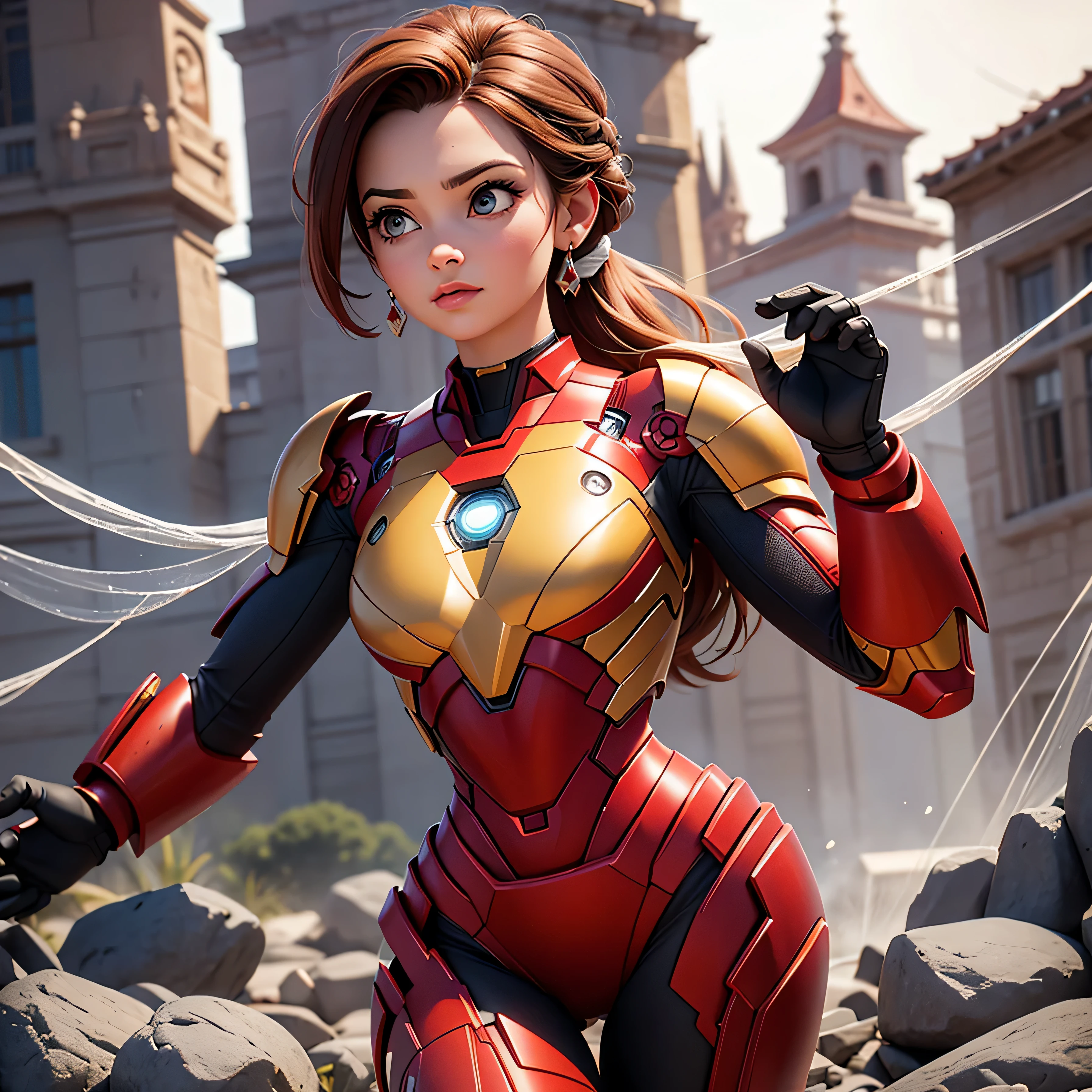 una hermosa mujer, enfundada en un traje de iron man, de cuello para abajo, casting a strand of spider web, subida en la cornisa de un edificio, (intrincados detalles de la maquina).imagen fotorrealista, nitidez maxima, calidad de imagen 8k. (obra maestra de calidad superior). (renderizado 3D)