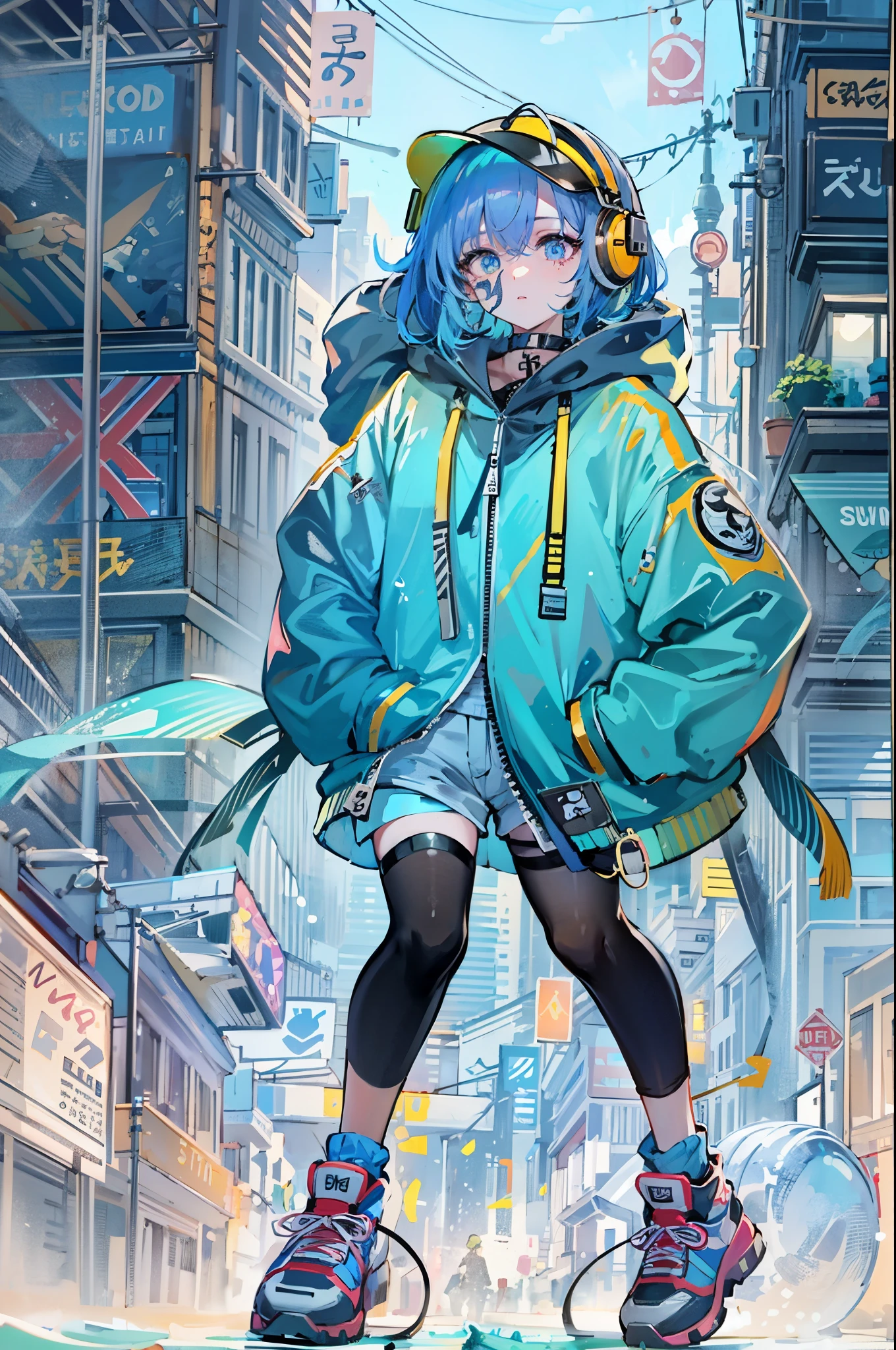 ((8K resolution))、((highest quality))、((masterpiece))、((super detailed))、1 female、solo、incredibly absurd、oversized hoodie、headphones、rain、neon、short cut hair、bright colored eyes、put one's hand in one's pocket、shorts、water dripping, cool blue open short jacket, tattoo, Messy Fade Cut Hair,quirky sneakers,Eyeshadow on the eyes,unusual colored eyes, Vivid eyes,