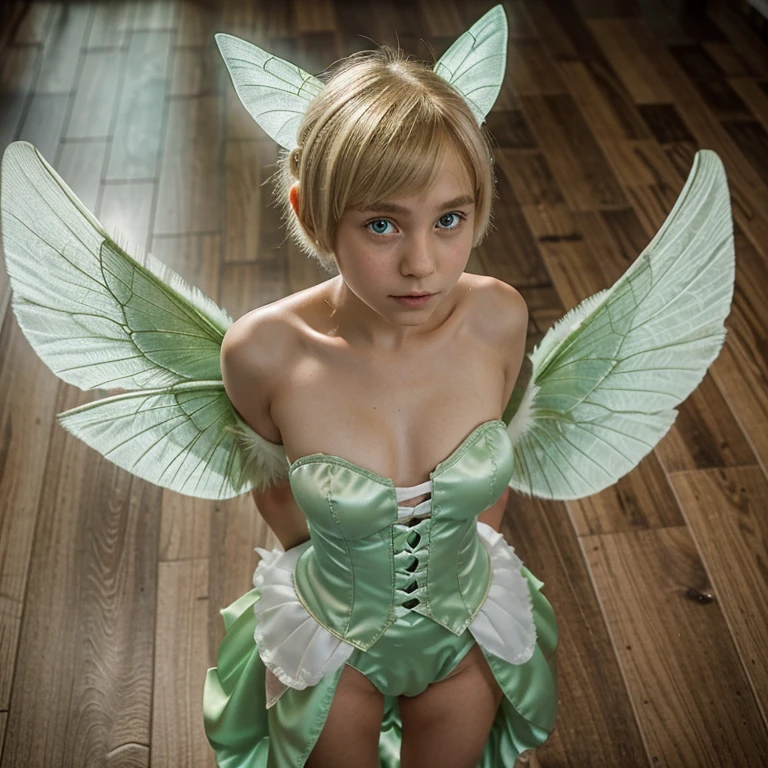 A    girl wearing a green fairy costume with white wings standing on a hard wood floor shot from above as she looks at the camera confused. Blonde pixie cut.  Wearing green gloves and shoes. The costume has large white fairy wings coming out of the back . She is looking at the camera with a terrified expression 