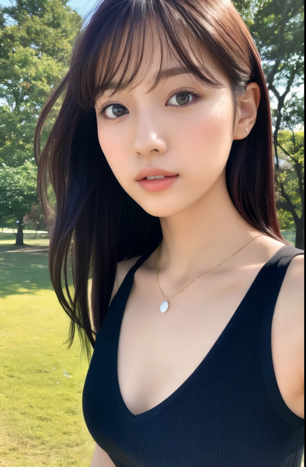 Close up portrait of woman walking in park in black dress、japanese model、Young sensual gravure idol、Young and cute gravure idol、リアルyoung gravure idol、Real Sensual Gravure Idol、young gravure idol、sophisticated gravure idol、Yoshitomo Nara、Young skinny gravure idol、Beautiful Asian Girl Ever