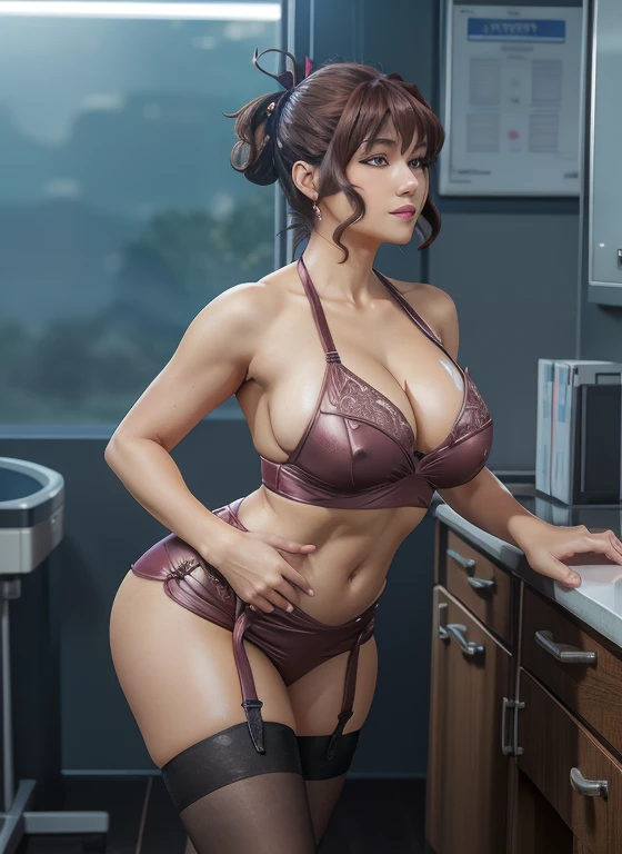 [nudity, explicit] nsfw (masterpiece, best quality:1.4), (highheel:1.3), Aiko Katsuragi, (full body shot:1.05), mature female, milf, curvy, 1girl, solo, anime face, standing, sexy pose, side view, doctor, labcoat, stethoscope, pencil short skirt, (thighhighs:1.05), highheels, makeup, large breasts, lipstick, brown eyes, folded ponytail, brown hair, cleavage, perfect body, (athletic body:1.1), perfect eyes, anime eyes, smoky eyeliner, eyeshadow, perfect face, smirking, flirting, sharp focus, medical room, night sky, starts, professional artwork, intricate details, vivid colors, Diffused lighting, digital blending, ultra detailed body, ultra detail hair, ultra detail face, trending on pixiv, 