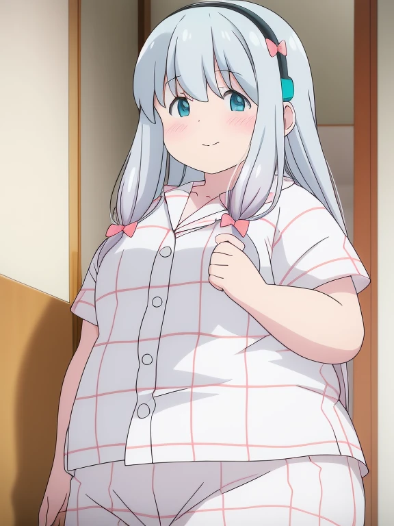 Obese izumi sagiri, white plaid pajamas, obese body, fat arms, fat belly, headphone, 8k, masterpiece, absurdres, anime,