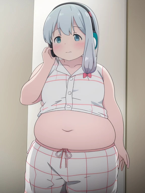 Obese izumi sagiri, white plaid pajamas, obese body, fat arms, fat belly, headphone, 8k, masterpiece, absurdres, anime,