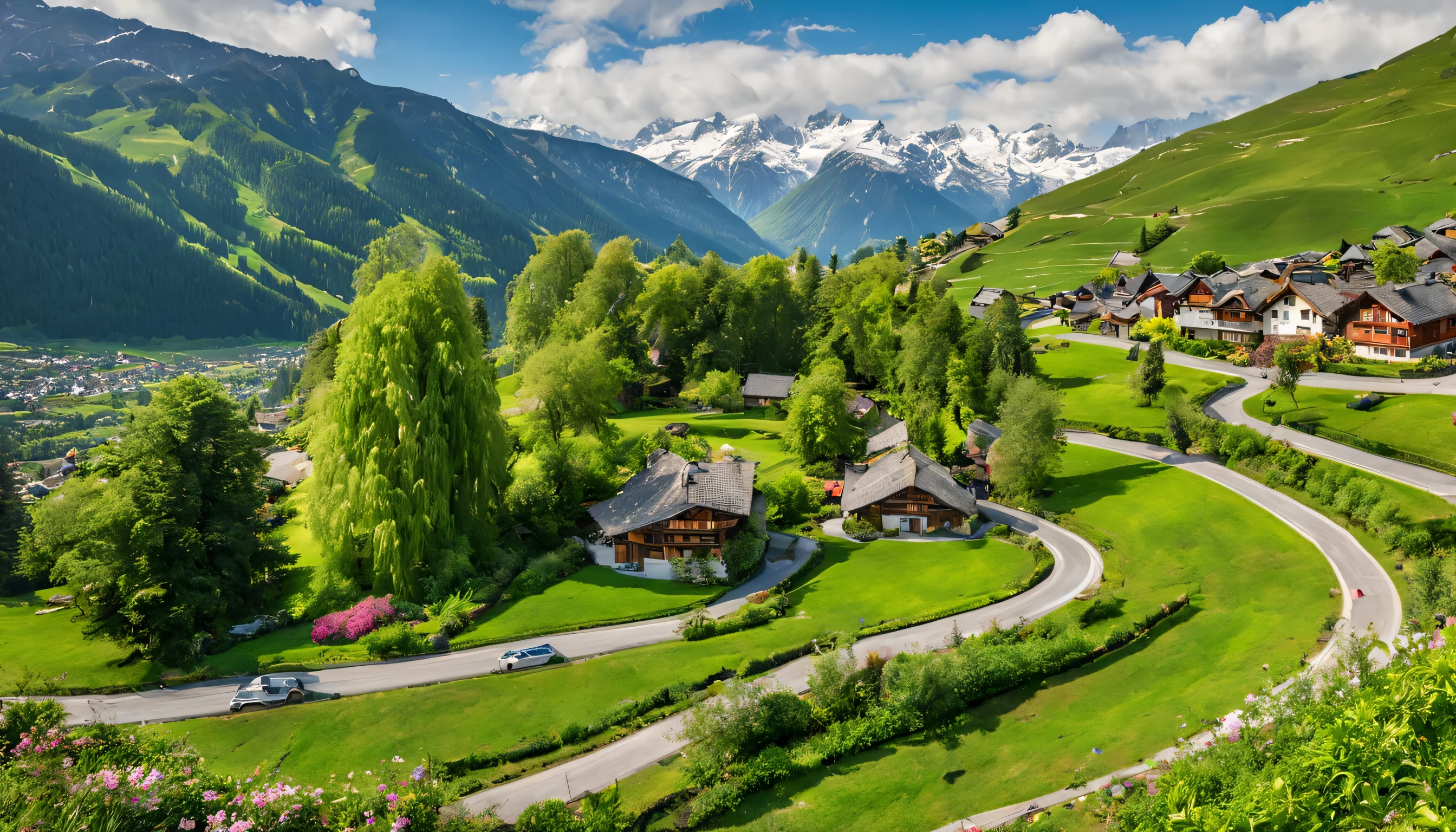 snow capped moutains in the backgroud, green lush valley with trees and houses in between, flower bed near the camera, clear skies, road with cars in a distant