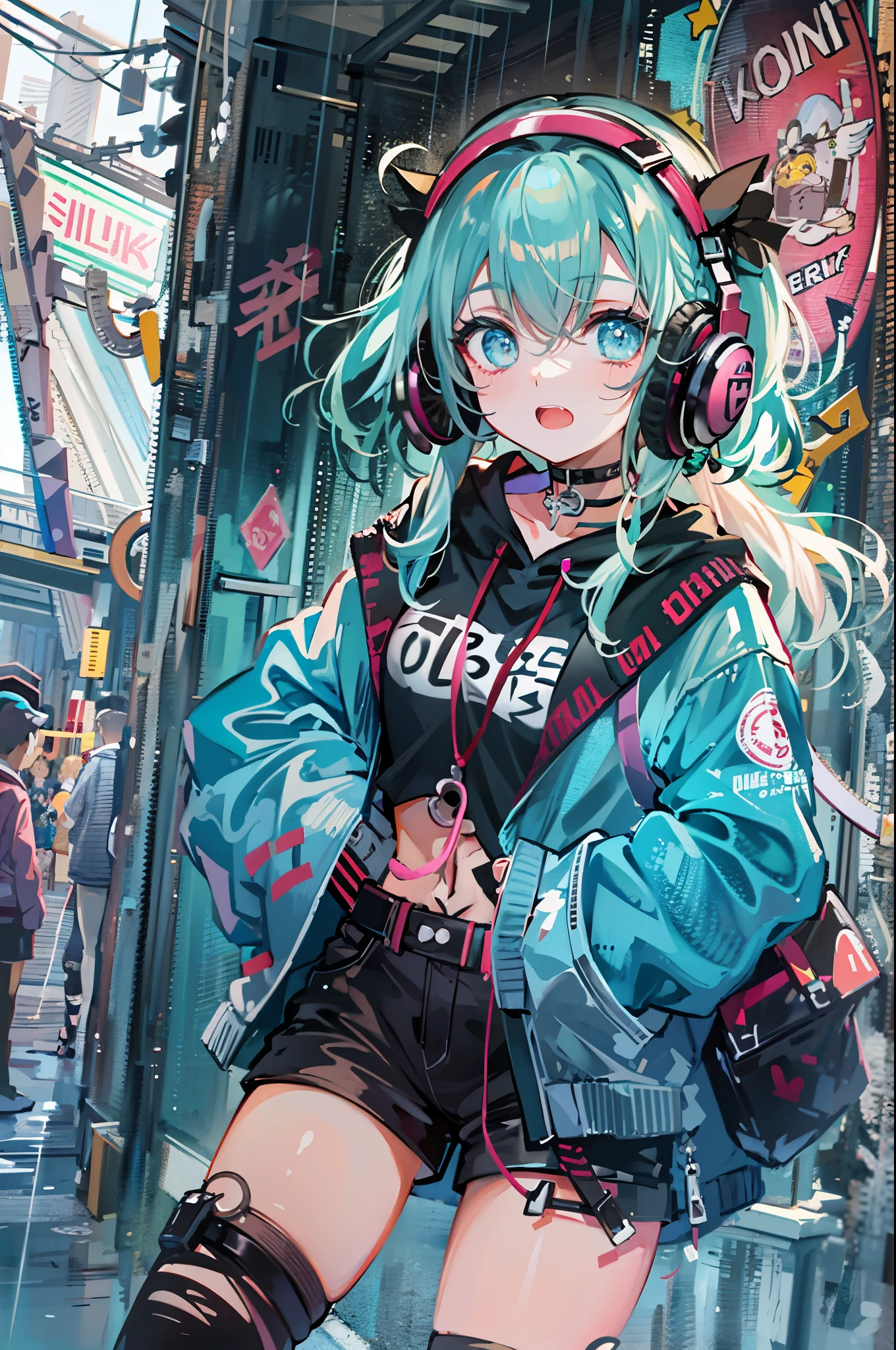 8K resolution、((highest quality))、((masterpiece))、((super detailed))、1 female、solo、incredibly absurd、oversized hoodie、headphones、street、outdoor、rain、neon、short cut hair、bright colored eyes、put one's hand in one's pocket、shorts、water dripping, step piece, cool blue open short jacket, tattoo, Messy Fade Cut Hair, Side braided hair,Unreasonable, A scene where you jump using your whole body, abandoned amusement park background,knee high socks,quirky sneakers,Eyeshadow on the eyes,unusual colored eyes, Eyes of fear, Vivid eyes,